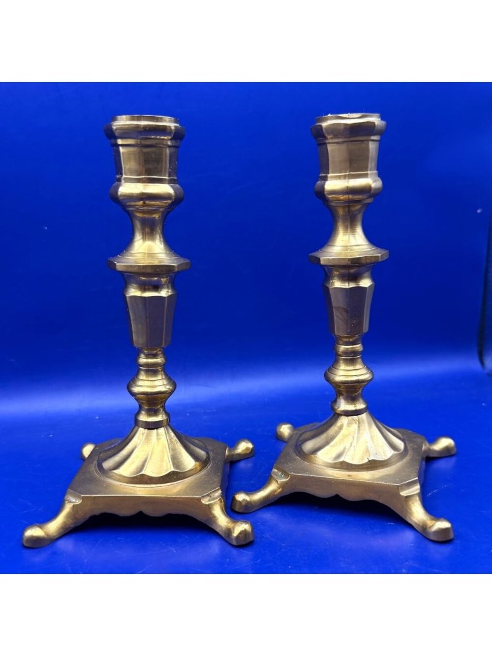 Solid Brass Candlestick Holder Pair Square Base Claw Feet India 8" Colonial VTG